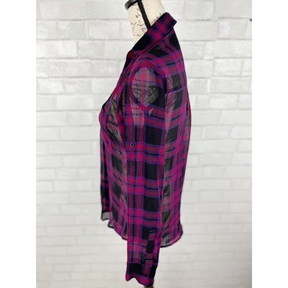 Express Sheer Purple Plaid Portofino Blouse‎ Size XS - Picture 6 of 11